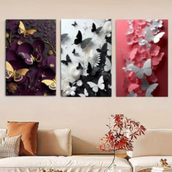 Butterfly Wall Art Set – 3 Wooden Frames (8x11”) with Elegant Floral & Nature Designs | Easy Wall Mounting with Double Tape