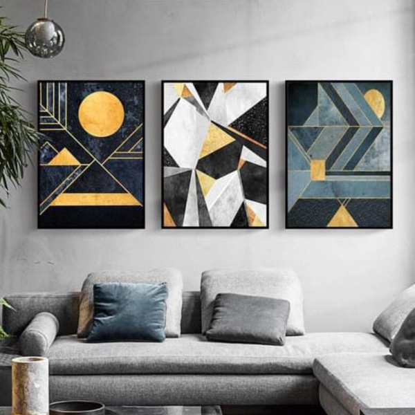 Modern Abstract Wall Art Set – 3 Wooden Frames (8x11”) with Geometric Gold & Black Designs | Easy Wall Mounting with Double Tape