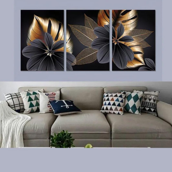 Luxury Floral Wall Art Set – 3 Wooden Frames (8x11”) with Elegant Black & Gold Botanical Design | Easy Wall Mounting with Double Tape