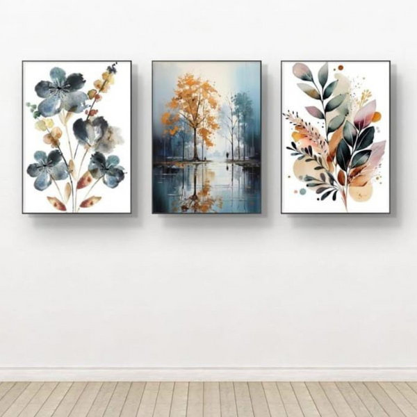 Nature-Inspired Wall Art Set – 3 Wooden Frames (8x11”) with Botanical & Landscape Designs | Easy Wall Mounting with Double Tape
